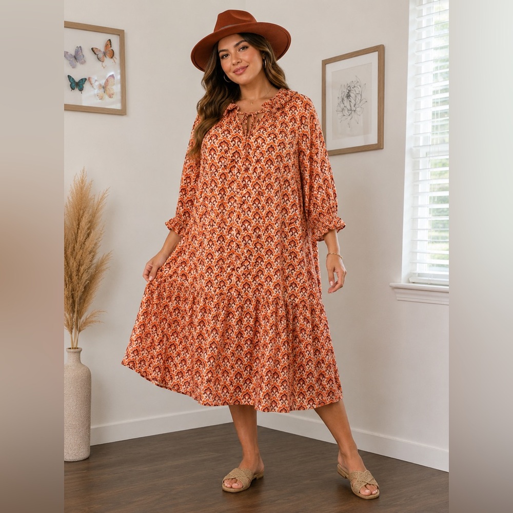 ANRABESS Boho Floral Maxi Dress Orange Pink XL NWT D26